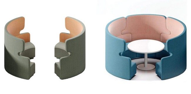 Comparatif de deux configurations du canapé acoustique circulaire People Talk, montrant à gauche les modules séparés face-à-face en vert et orange, et à droite le hub collaboratif complet en bleu et rose refermé autour d'une table de réunion blanche.