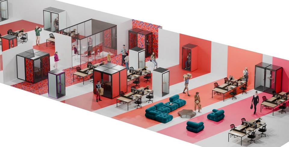 Aménagement de bureaux avec cabines acoustiques 1to6 - Intégration de modules solos et collaboratifs dans un espace de travail moderne