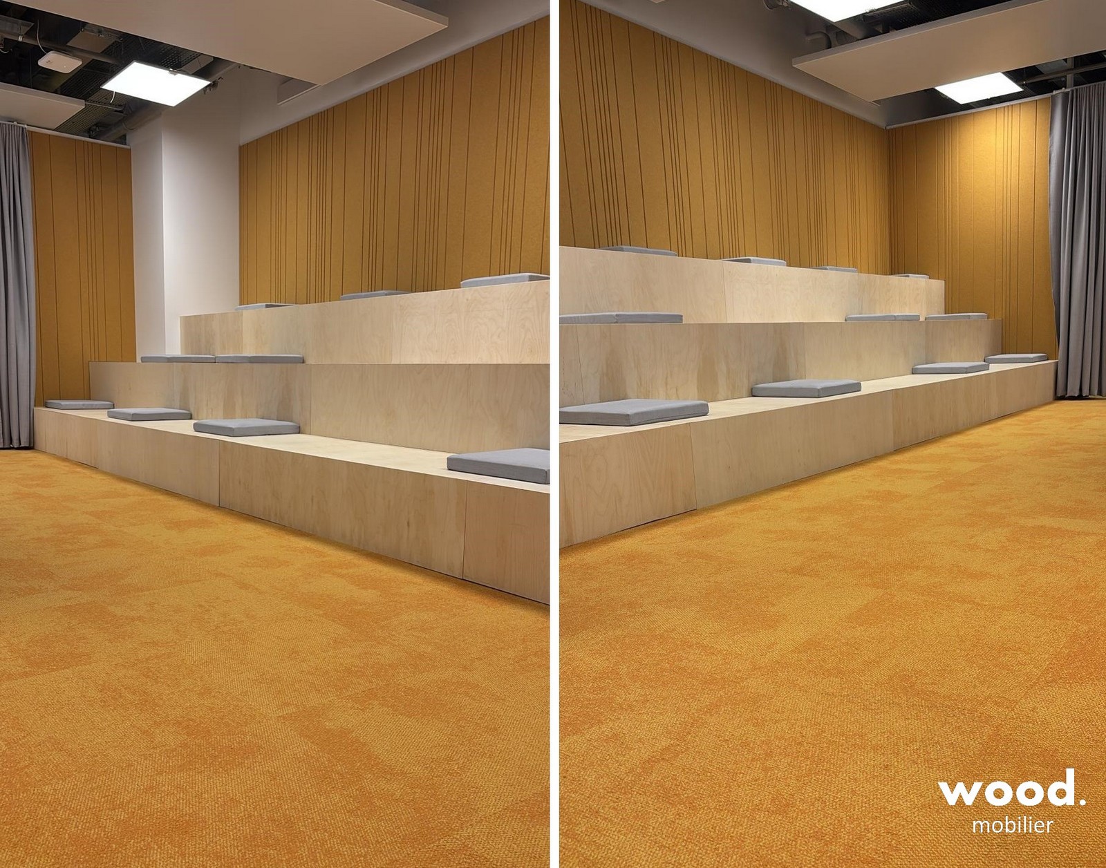 Aménagement d'un amphithéâtre d'entreprise avec gradins en bois et mur acoustique jaune à Lille.