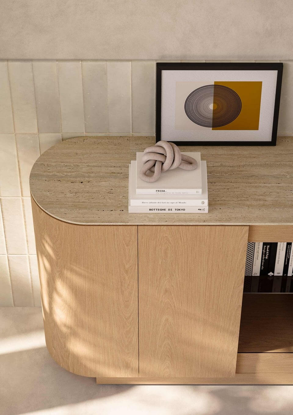 Armoire design arrondie avec top en travertin, pour compléter le bureau de direction DEA