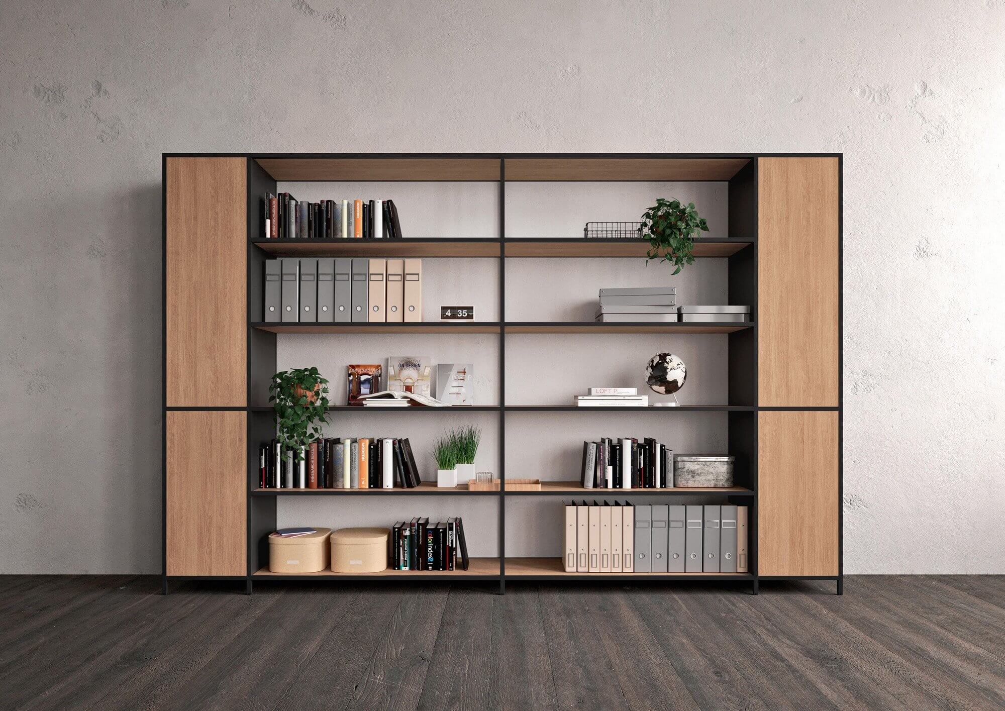 L'armoire de bureau design BIOME en métal noir et en bois.