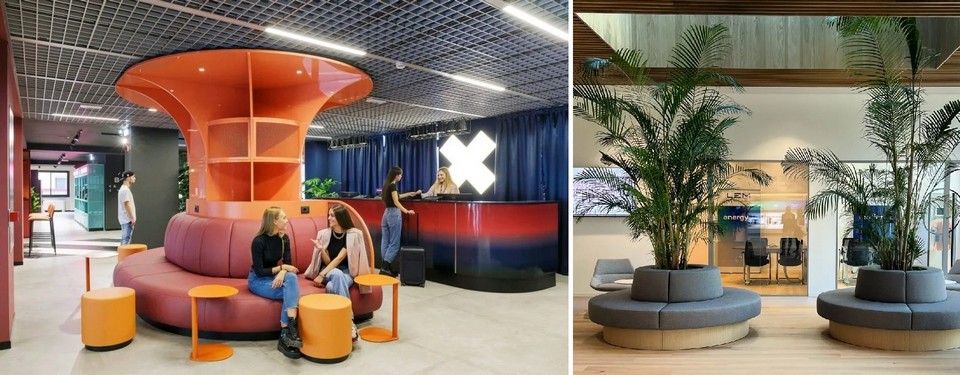 Banquette ADRENALIN ronde sur mesure dans un hall d'accueil, avec au centre un espace végétalisé ou une zone de réception.