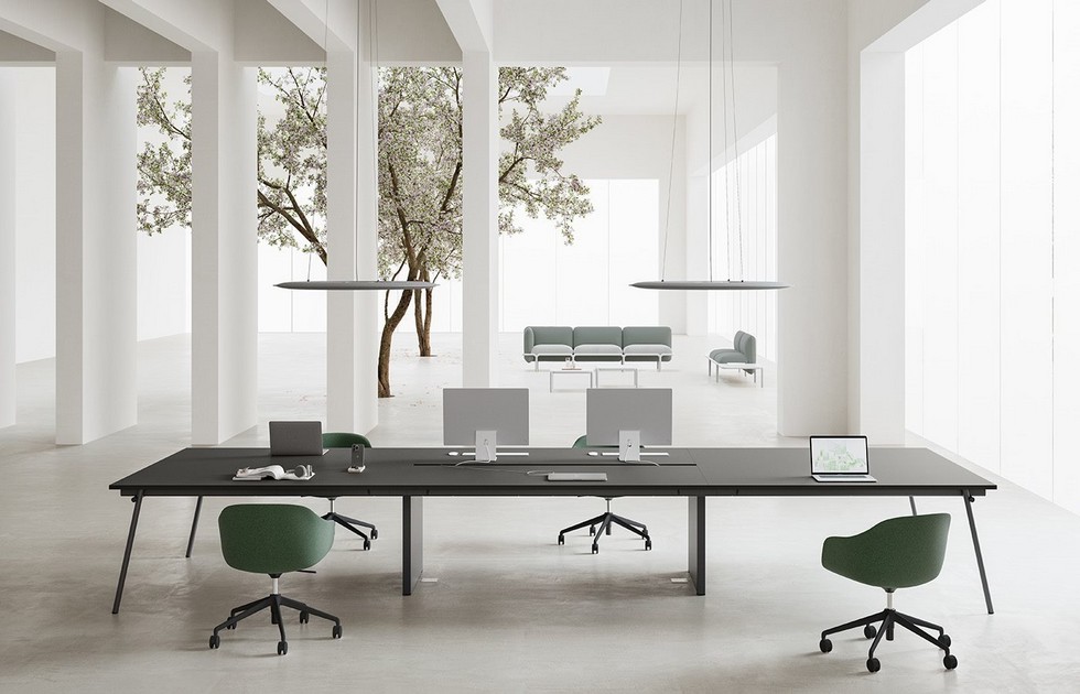 Grand bureau bench multiposte KNOT noir avec structure mutualisée pour l'aménagement d'open space design