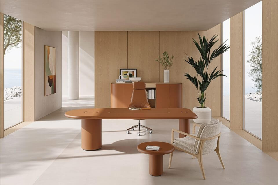 Bureau de direction aux formes courbes, finition laqué mat