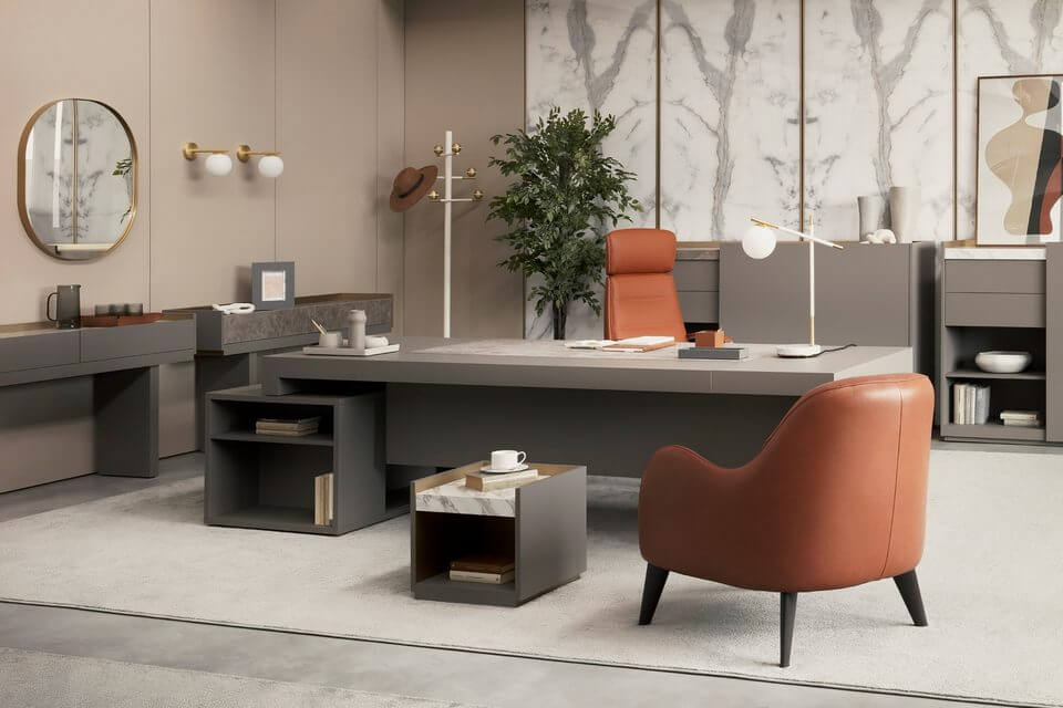 Bureau de direction design gris avec meuble de rangement en retour de bureau