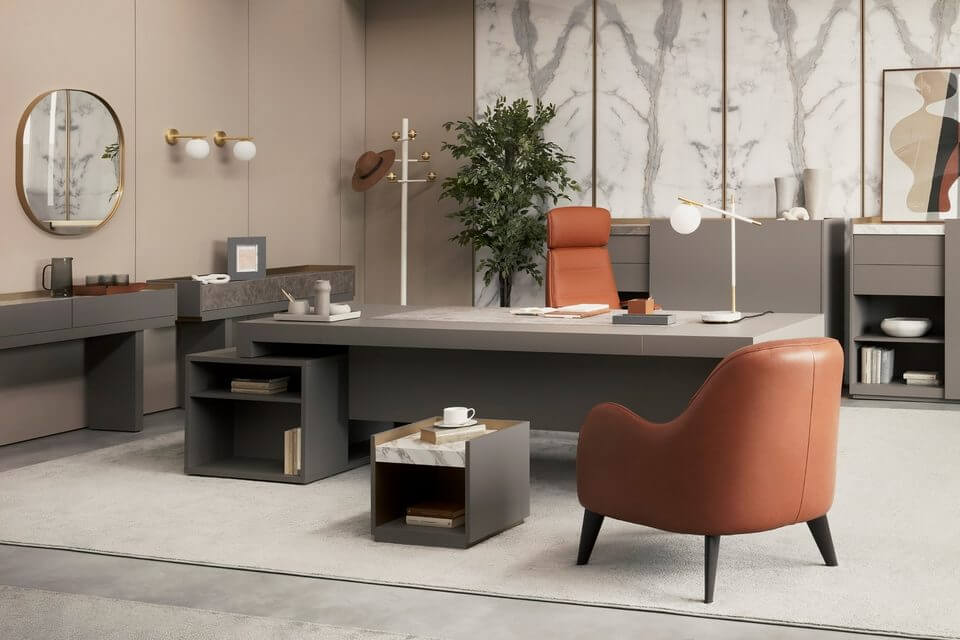 Bureau de directionde luxe gris avec meuble de rangement en retour de bureau