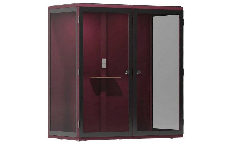 Cabine acoustique 1to6 Duo pour deux personnes, coloris bordeaux, montrant la structure métallique et le feutre PET.