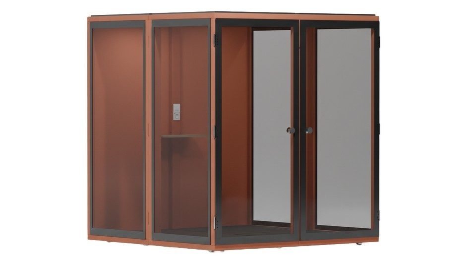 Cabine acoustique 1to6 format Quatro pour réunion, coloris orange terracotta, vue de face sur fond blanc