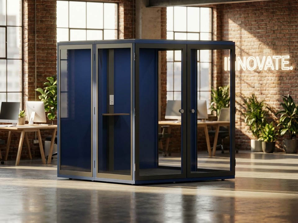 Grande cabine acoustique 1to6 Quatro bleue mise en situation dans un bureau moderne avec mur en briques.