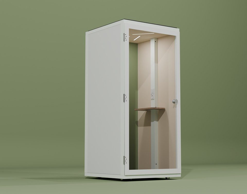 Cabine phonique individuelle 1to6 avec châssis blanc et roulettes pour une mobilité facilitée dans les bureaux