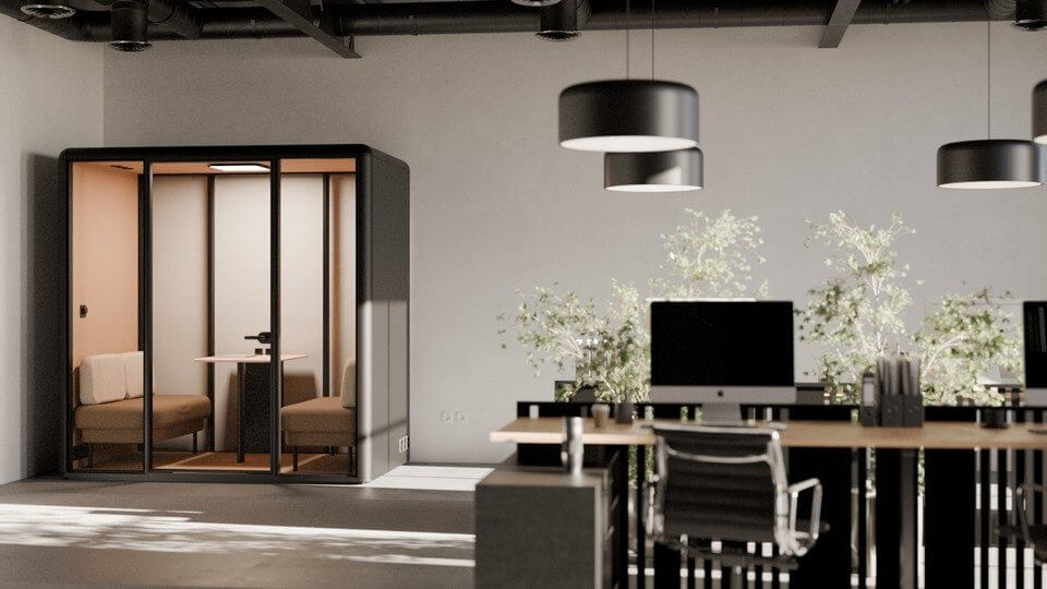 Une cabine de réunion 4 personnes avec niveau acoustique A selon ISO 23351