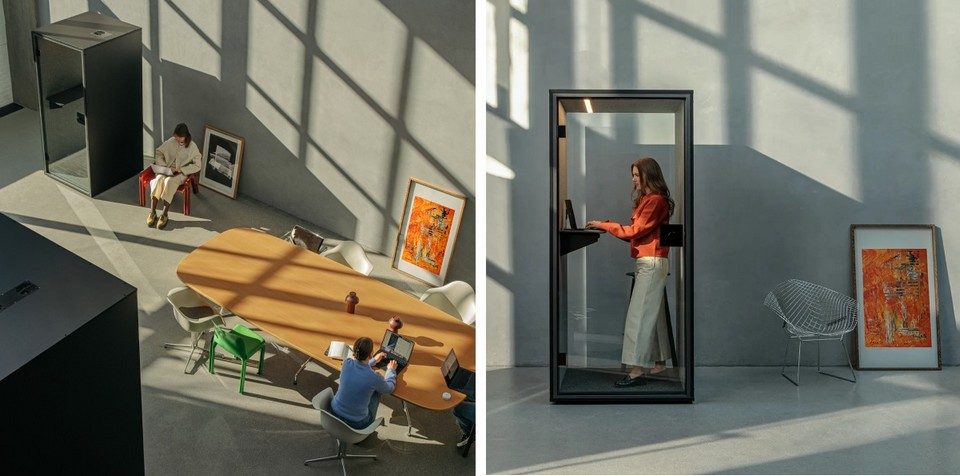 Montage de deux vues montrant l'usage polyvalent de la cabine BERLIN FOCUS (appel debout) et son intégration dans un grand espace collaboratif.