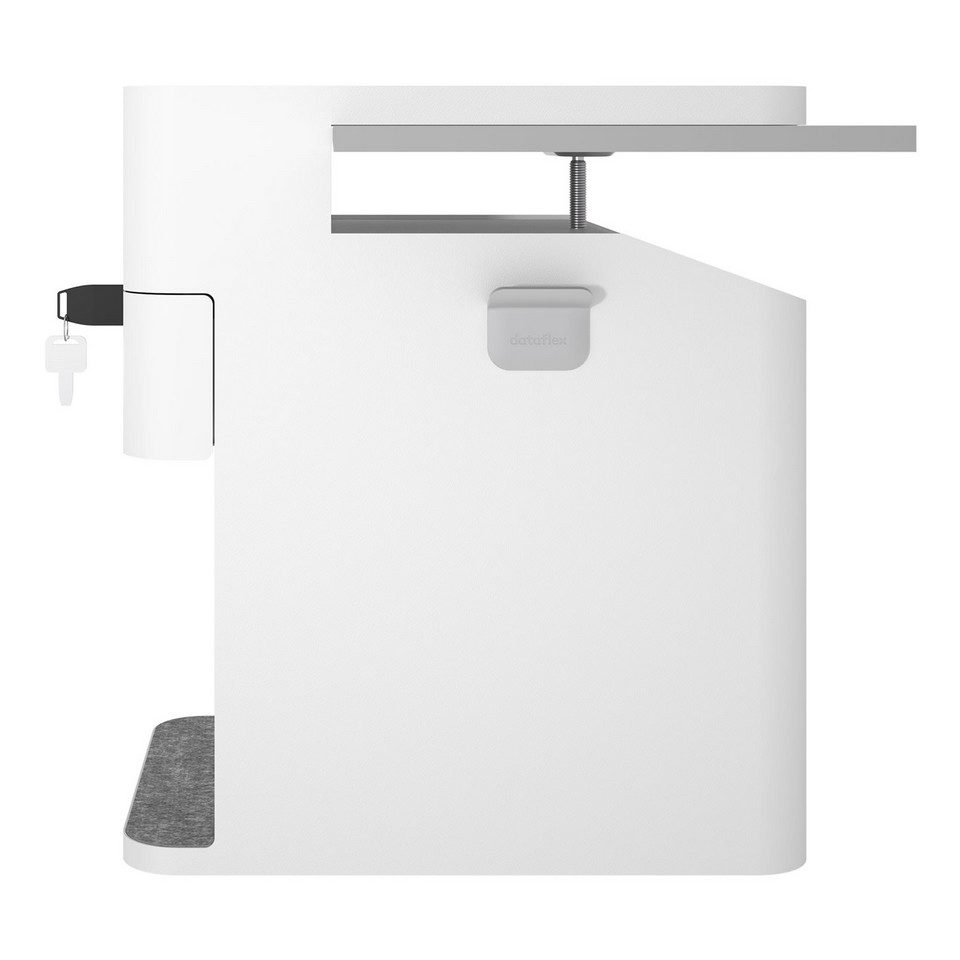 Packshot de profil sur fond blanc du caisson de bureau suspendu BENTO blanc commercialisé par Wood Mobilier, mettant en avant le système de fixation par serrage mécanique sous le plateau et le crochet porte-sac latéral.