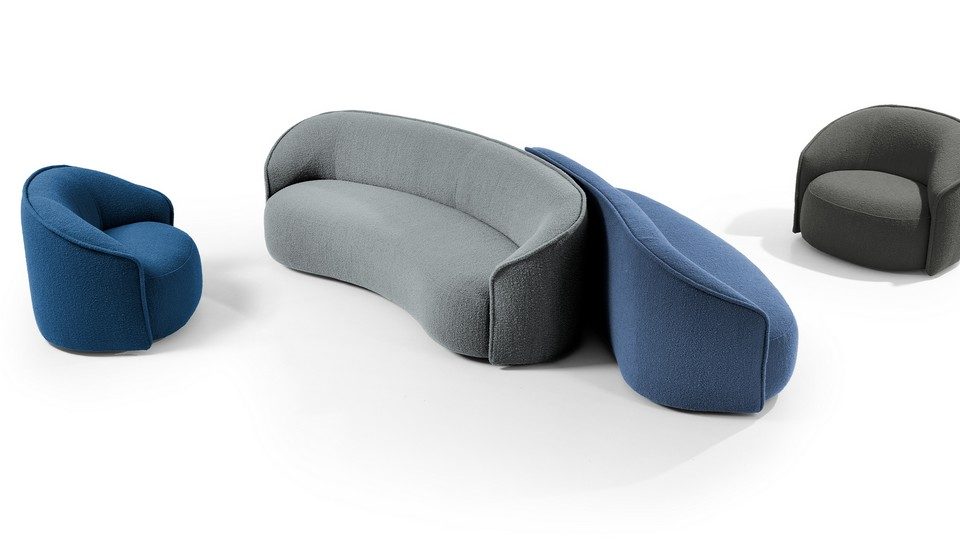 Composition modulaire de canapés et fauteuils d'attente SIBILLINO en tissu bouclé bleu et gris. Deux canapés imbriqués au centre forment une vague d'assises, entourés de deux fauteuils individuels assortis.