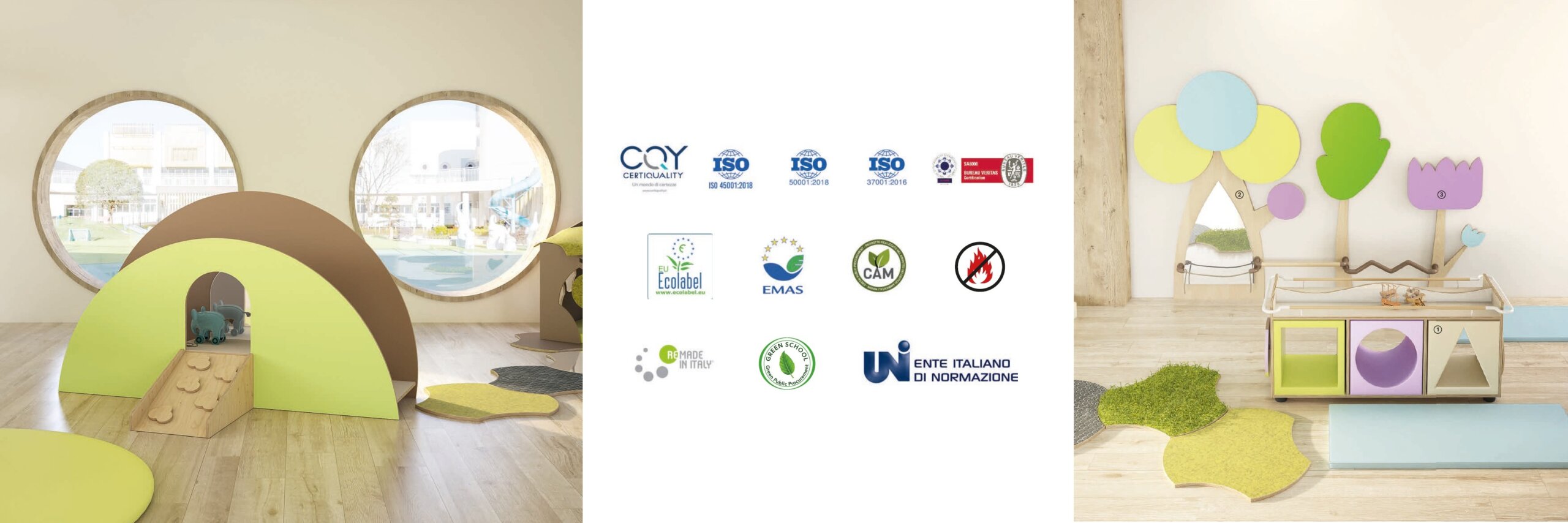 Logos des certifications ISO, Ecolabel, EMAS, CAM et autres labels qualité pour le mobilier des crèches et des écoles maternelles