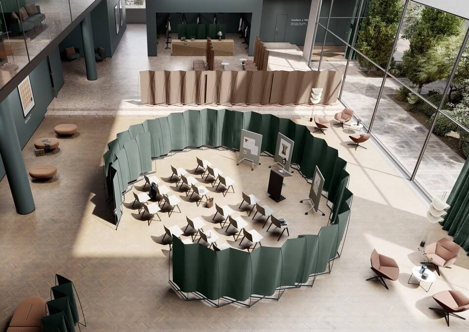 Chaise de conférence empilable et le paravent FOILD pour séparer les espaces