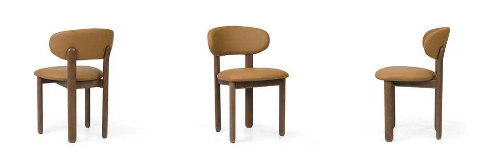 Packshot sur fond blanc montrant la chaise de restaurant BAOBAB sous trois angles différents en éco-cuir marron et structure bois.