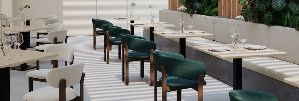Alignement de chaises professionnelles BAOBAB en tissu blanc et tissu vert disposées le long d'une grande banquette.
