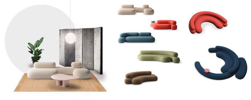 Collection de modules de banquettes ADRENALINE illustrant les options de couleurs et la modularité sur mesure pour l'aménagement lounge.
