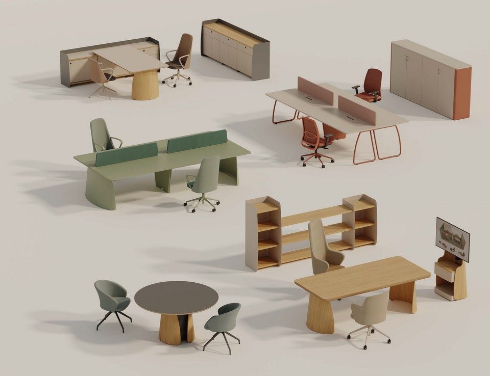 Gamme complète de mobilier de bureau professionnel Dolmen comprenant des postes de travail bench, des bureaux de direction courbes, des tables de réunion et des armoires assorties, packshot fond blanc.