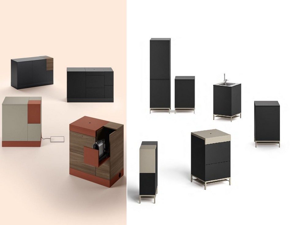 Présentation des différentes configurations du mobilier modulaire MAG pour tisanerie et pause café en entreprise. À gauche, les modules compacts en placage bois et finitions terracotta avec tiroir extractible pour machine à expresso. À droite, les déclinaisons de meubles noirs sur structure métallique fine incluant une colonne de rangement, un module avec évier intégré et des caissons techniques pour cuisine de bureau.