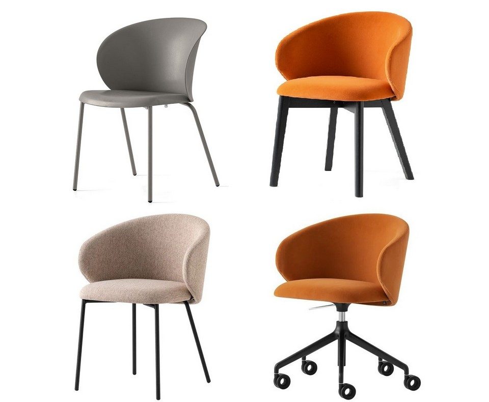 Gamme de chaises TUKA montrant les déclinaisons piètement bois, métal, roulettes et coque polypropylène pour aménagement tertiaire flexible.