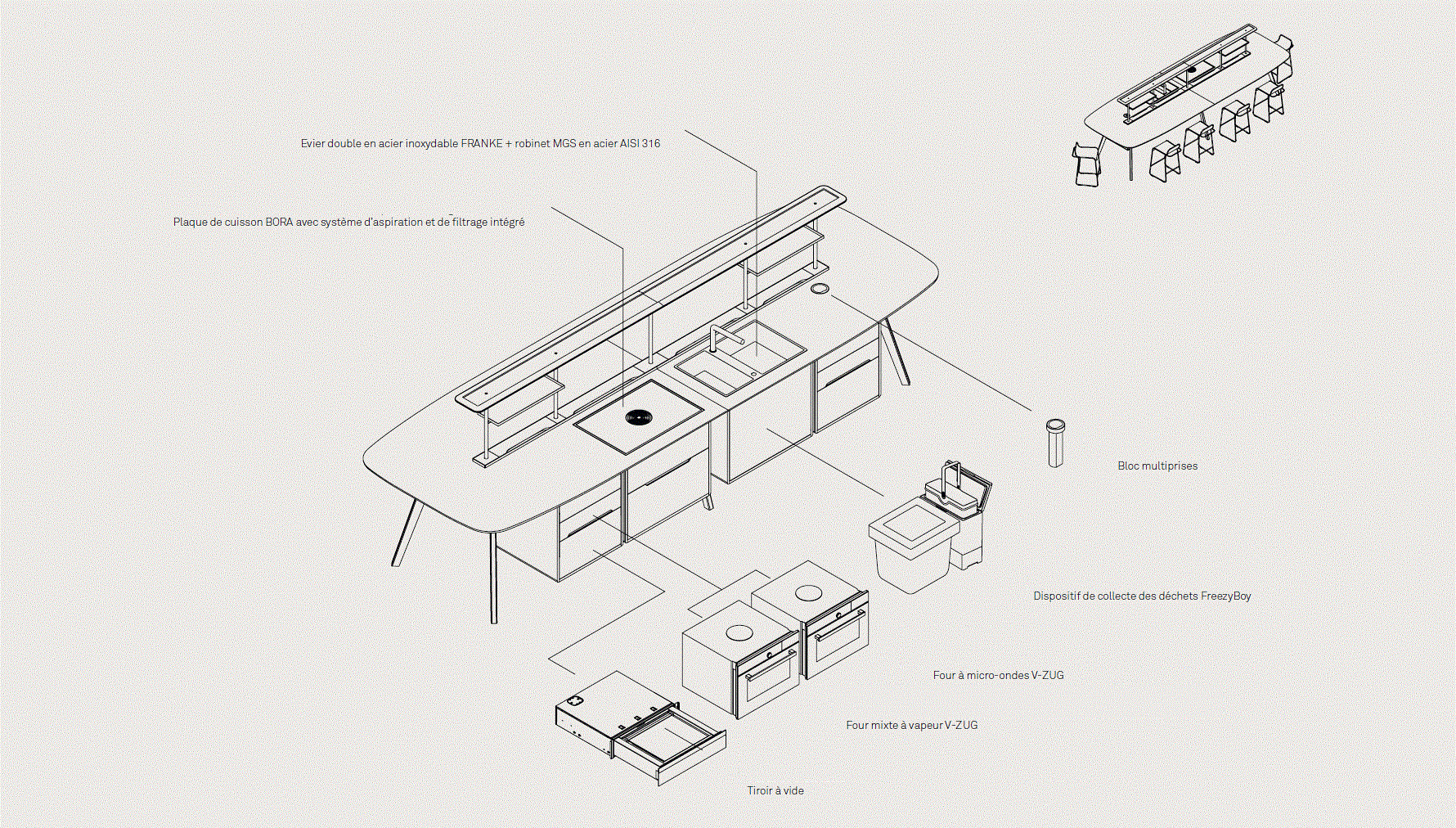 Table équipée pour créer une cuisine d'entreprise design.