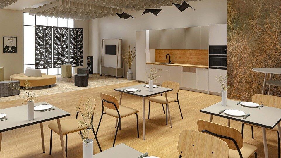 Vue d’une cuisine intégrée dans un open space moderne
