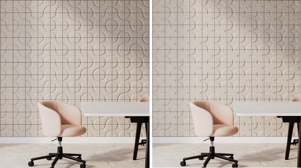 Comparatif de deux configurations de dalles acoustiques murales modulaires au relief géométrique beige, installées derrière un bureau moderne avec une chaise de bureau rose. Solution écoresponsable d'insonorisation et de correction acoustique pour l'aménagement de bureaux tertiaires.