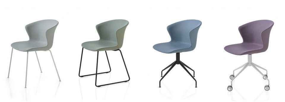 Comparatif des modèles Kicca Plus sur piètements luge, quatre pieds et roulettes dans des coloris textiles pastels.