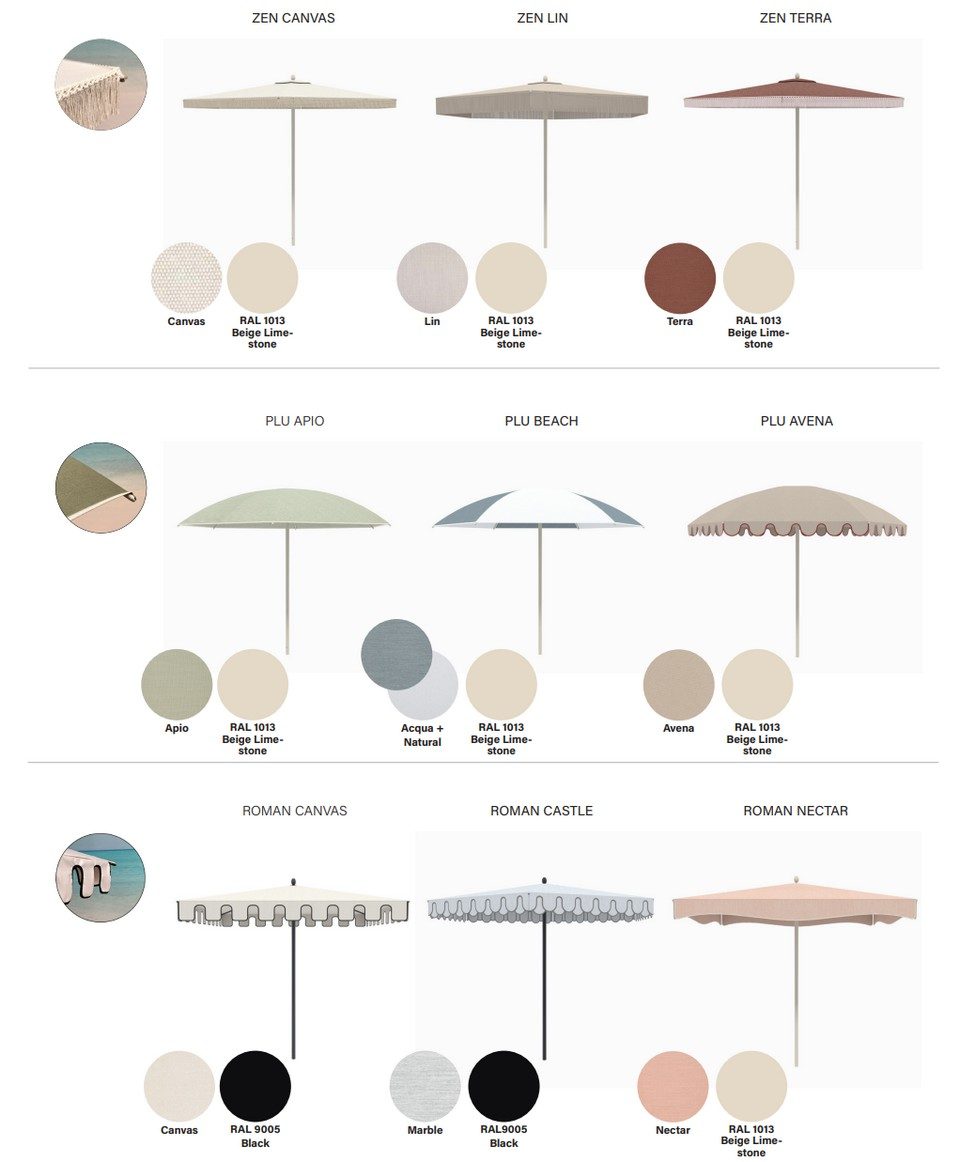 Nuancier des finitions et coloris exclusifs pour le parasol NATA, incluant les univers Zen, Play et Roman.