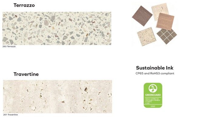 Échantillons de revêtements acoustiques muraux textures effet travertin et terrazzo minéral avec certification environnementale UL Greenguard Gold. Aperçu des finitions écoresponsables imprimées avec des encres durables pour la gamme de dalles IMPACT.