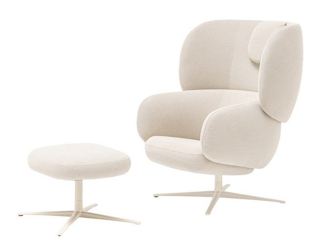Fauteuil acoustique Grace et son ottoman assorti en tissu bouclé crème - Packshot fond blanc.