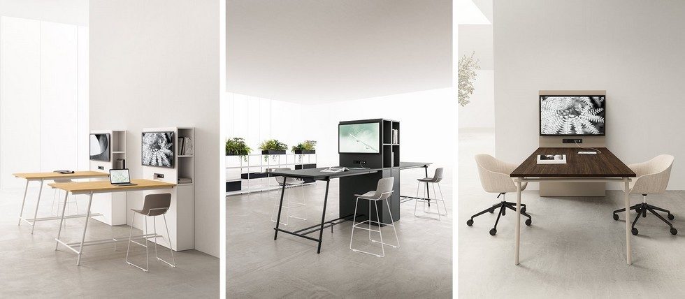 Tables médias KNOT avec écrans intégrés en version haute et basse, illustrant l'évolution du poste de travail pour les collaborateurs nomades