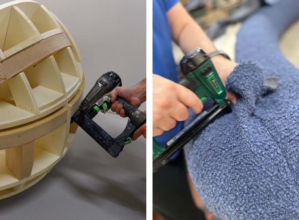 Double image montrant la structure interne en bois d'une banquette ADRENALIN et l'étape de tapissage, illustrant le savoir-faire industriel et artisanal.