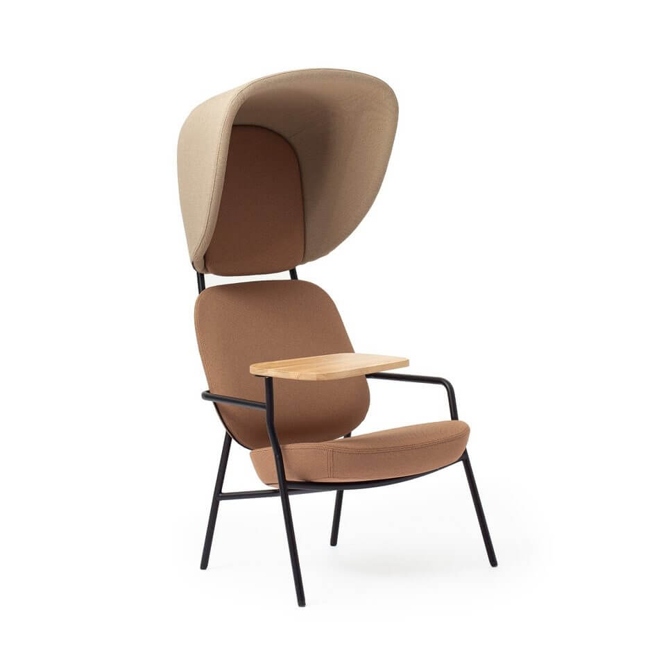 Fauteuil lounge avec têtière acoustique et tablette écritoire