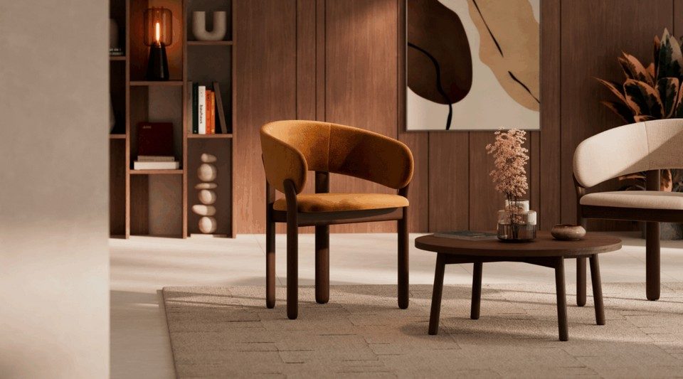 Fauteuil cabriolet ocre en bois foncé BAOBAB disposé dans un salon d'accueil chaleureux avec table basse.