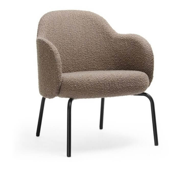 Fauteuil design pour hôtel, piétement métal et tissu bouclette