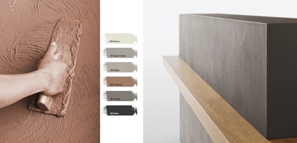 Image composite présentant l'application manuelle à la taloche de l'enduit minéral BioArgilla, un nuancier de six teintes (Bianco, Grigio Chiaro, Beige, Vinaccia, Tortora, Nero) et un gros plan sur le rendu mat texturé du comptoir de réception KYO.