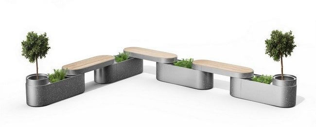 mobilier extérieur végétalisé, jardinières et bancs, pour terrasse de restaurant et d'hôtels, de la collection EVERGREEN