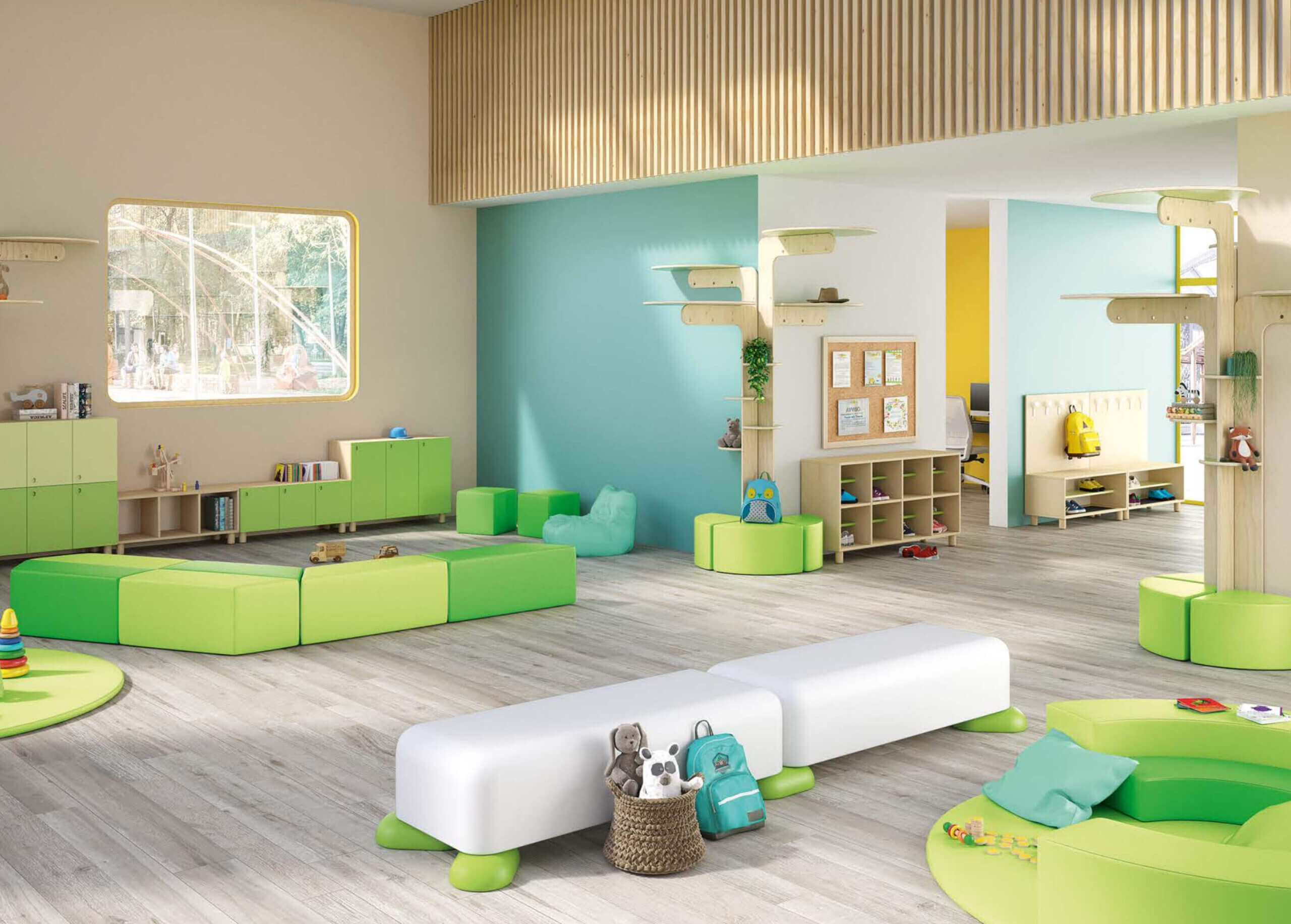 Espace de jeu avec mobilier ludique et éléments décoratifs en crèche ou maternelle