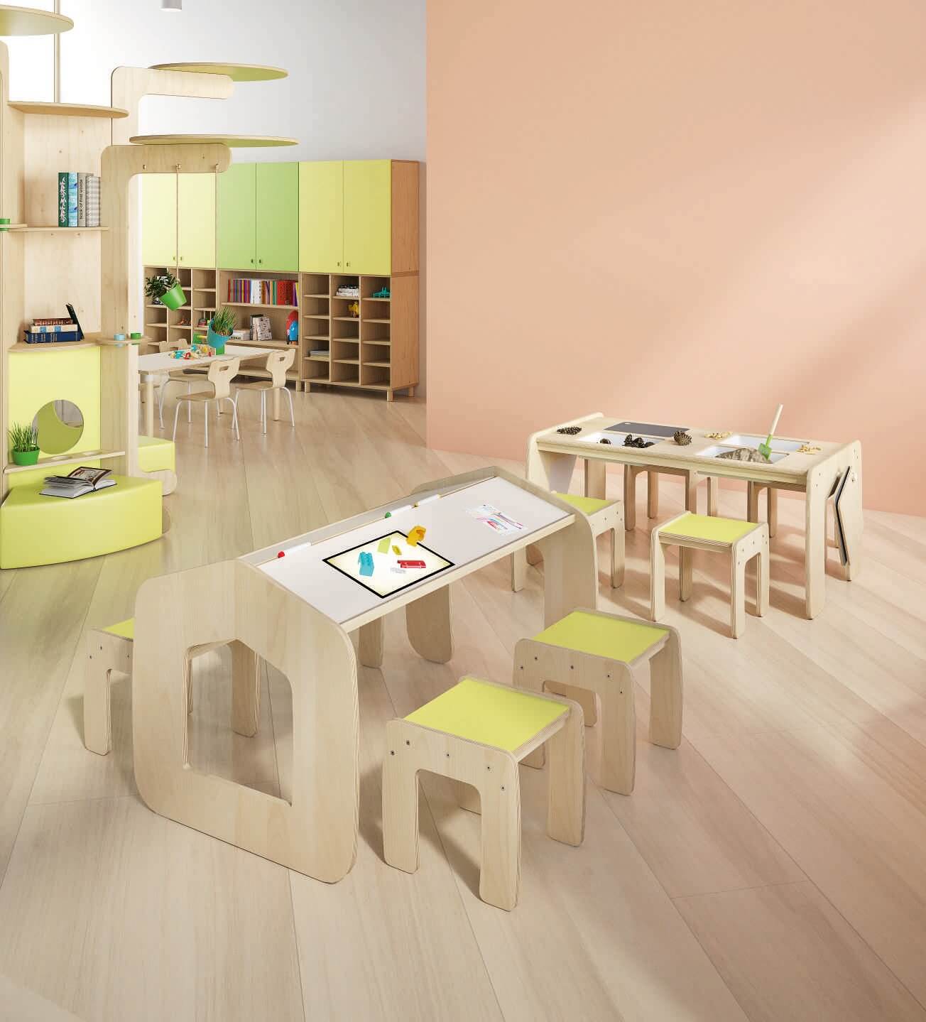 Mobilier scolaire en bois clair pour école maternelle, écoresponsable et sécurisé