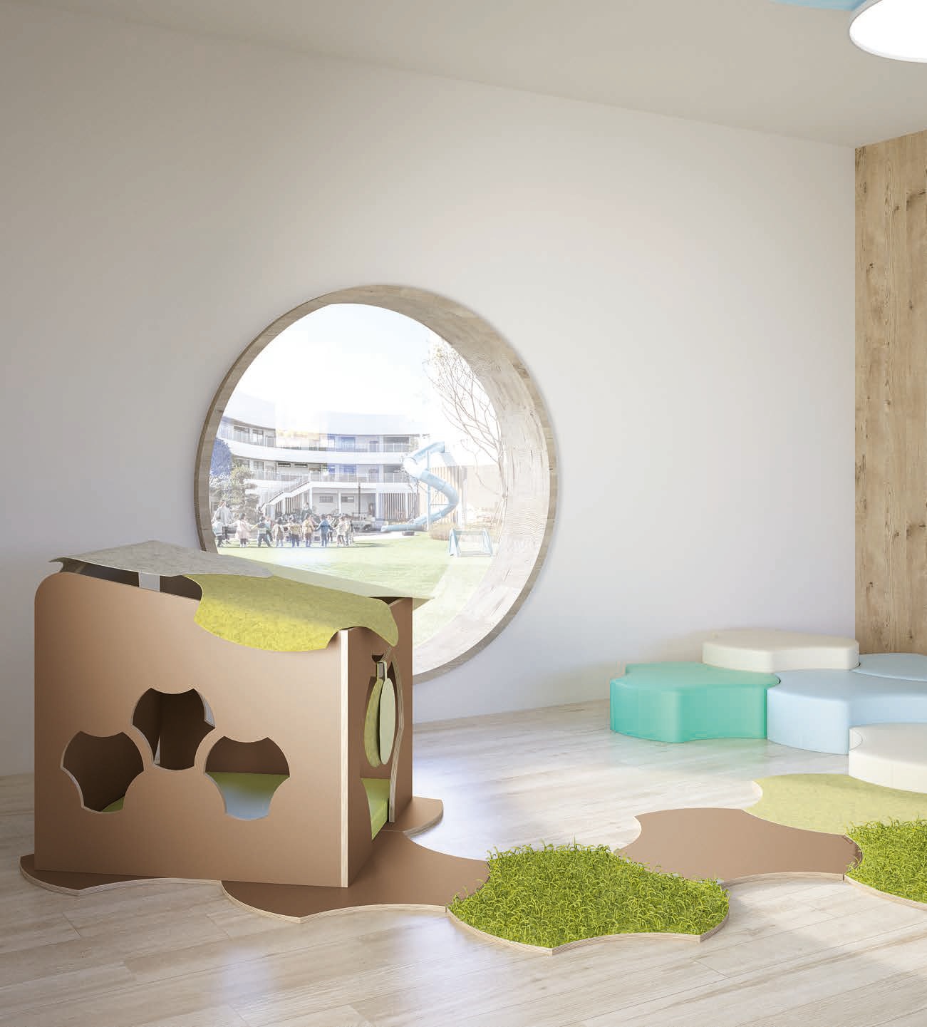 Mobilier de motricité design pour crèche avec formes colorées et assises douces, et des espaces pour se cacher comme une cabane