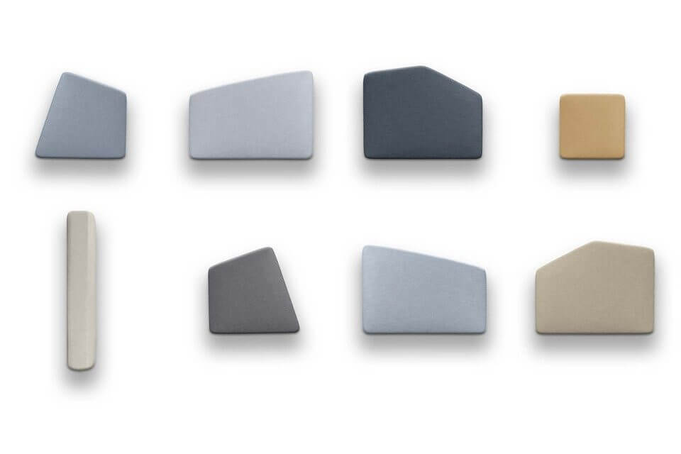 Présentation des différents éléments disponibles sur la collection de poufs modulaires STONE