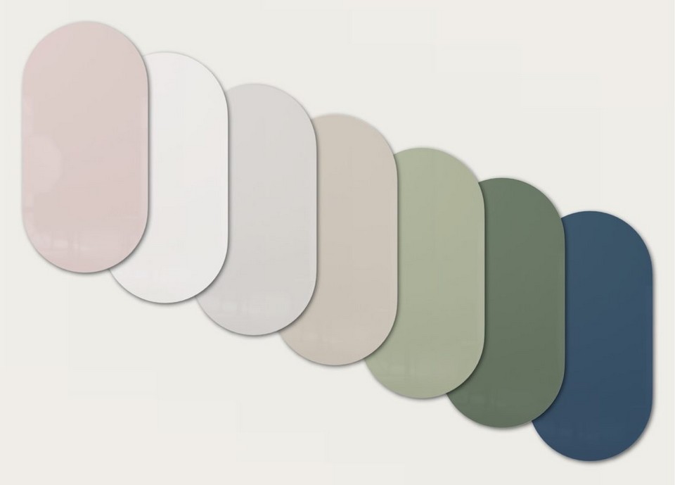 Gamme de 7 coloris standards pour le tableau d'écriture AMBIT, du bleu midnight au rose petal.