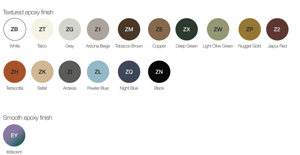 Sélection des finitions epoxy du pied tulipe de la table BIG HORN, dont la finition irisée exclusive