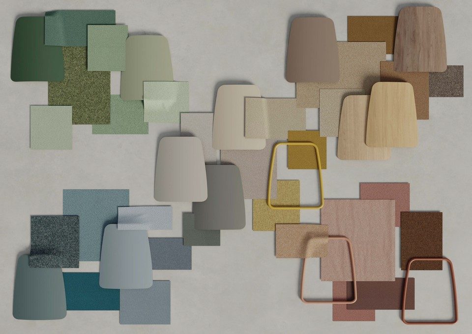 Moodboard des finitions de la gamme DOLMEN par Wood Mobilier présentant les échantillons de mélamines colorées, peintures époxy et tissus acoustiques associés.