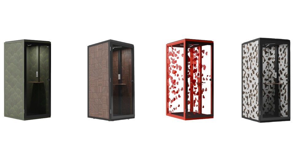 Exemples de personnalisation cabine acoustique 1to6 - Différents motifs, coloris de châssis et impressions sur parois en PET recyclé