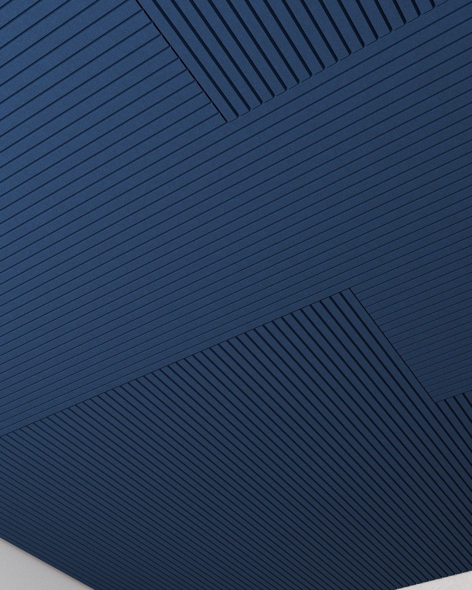 Plafond acoustique design, coloré et personnalisable avec des motifs, facile à mettre en place avec le système de dalles à clipser brevetées.