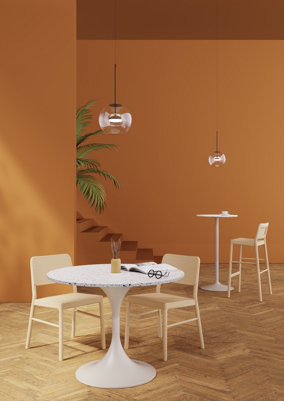 Zoom sur le plateau écologique Recomplax 100% recyclable aux nuances de gris, installé sur une structure tulipe BIG HORN.